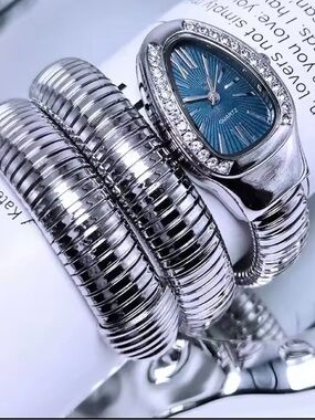Silver Coil Wrap Women's Quartz Watch with Teal Dial